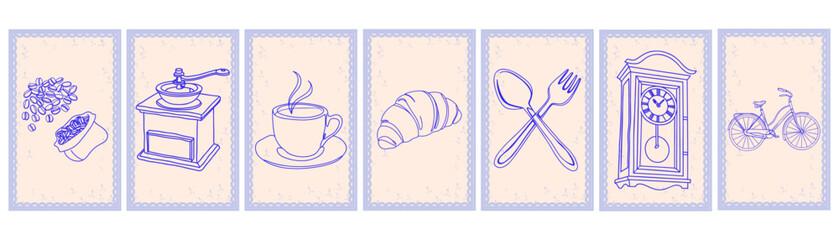vintage-style symbols that are perfect for decorating a café with a stamp-like aesthetic
