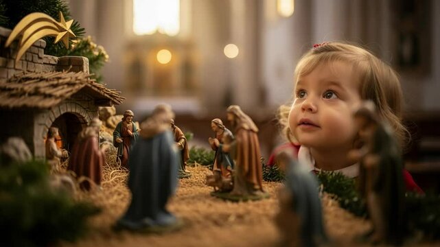 Child Wondering at Nativity Scene in Warm Church Atmosphere