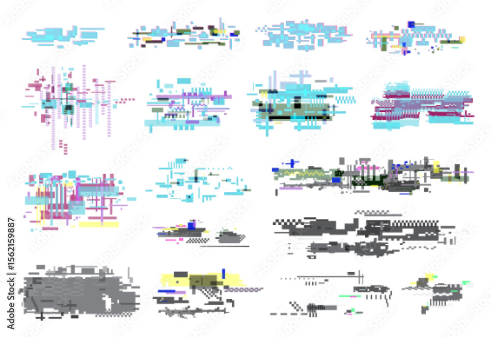 Fototapete Modern abstract glitch set featuring colorful pixel distortion elements perfect for digital art, tech backgrounds, or creative design projects isolated on white background vector illustration