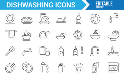 Set of dishwashing-related icons for digital designs focused on home cleaning and kitchen tasks.