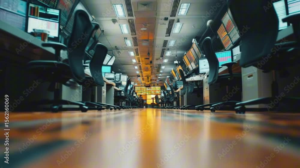 Aufkleber modern trading floor with multiple computer screens and ergonomic chairs, showcasing a busy financia