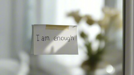 Inspirational note with handwritten message 'I am enough' displayed on glass window, surrounded by soft natural light and blurred floral background, conveying positivity and self-affirmation