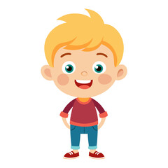 Obraz premium happy blond boy, smiling boy, very happy child, cheerful boy, light skin boy, full body boy, full-length boy, standing boy, European child, cartoon boy, child character, white background, flat design,