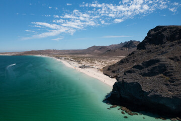 Stunning aerial view of Balandra beach with turquoise waters, white sand, and rocky cliffs on a...