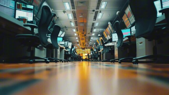 Modern trading floor with multiple computer screens and ergonomic chairs, showcasing a busy financial environment filled with technology and vibrant displays of data analysis