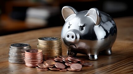Sad Piggy Bank with Stacks of Coins Showing Financial Difficulties and Low Savings
