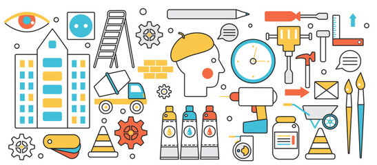 Home repair, house improvement technology. Building construction works with maintenance tools from toolbox, decor and designers paints, renovation in infographic concept banner, thin line art design