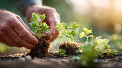 Fototapeta premium Hands Planting Fresh Seedlings in Rich Soil Under Soft Sunlight