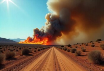 A dirt road leading to a wildfire in a desert landscape with a clear blue sky and a large plume of smoke