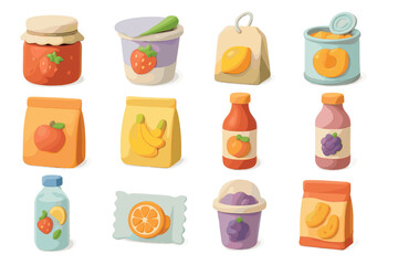Colorful cartoon fruit and grocery items in pastel tones