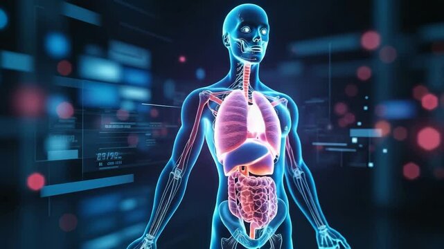 Anatomy: A digital illustration showcasing the intricate inner workings of the human body, highlighting major organs and systems in a captivating and futuristic visualization.