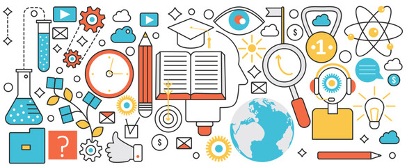 Science, expertise and knowledge. Study of student with library books, lesson and lecture in school or university, laboratory test experiment in infographic concept banner, thin line art design