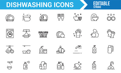 Simple icons of dishwashing tools like sponges, dish racks, and detergent bottles.