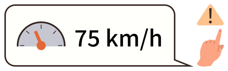 Analog speedometer, text displaying 75 kmh, triangular warning sign with exclamation, hand pointing at alert. Ideal for road safety, speed monitoring, driving, caution, car dashboard warning