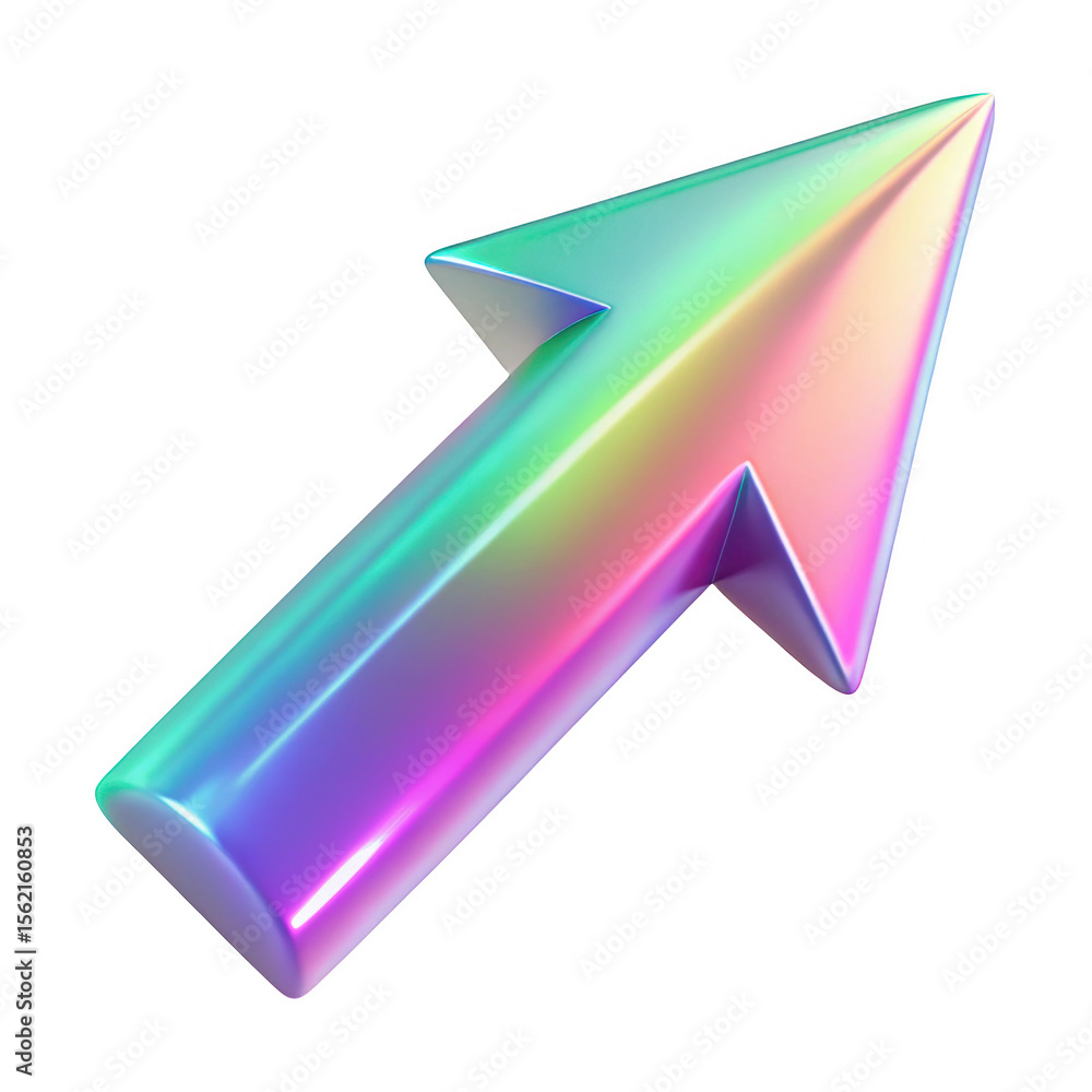 Poster iridescent 3d arrow upward pointing isolated on transparent background