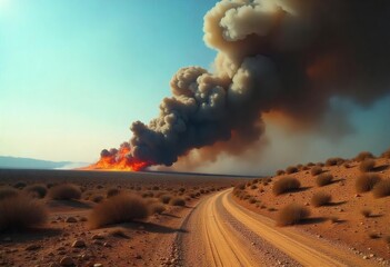 A dirt road leading to a wildfire in a desert landscape with a clear blue sky and a large plume of smoke