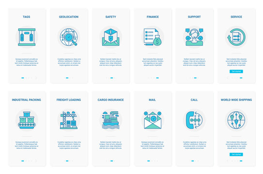 Logistics delivery service, worldwide shipping technology vector illustration. UX, UI onboarding mobile app page screen set with line call center support, industrial cargo freight loading, insurance