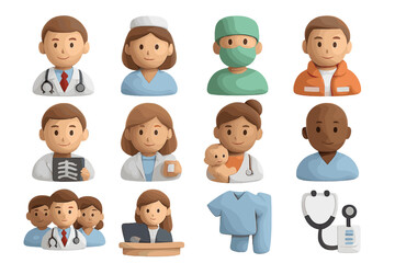 Medical team icons with diverse professions and equipment representations