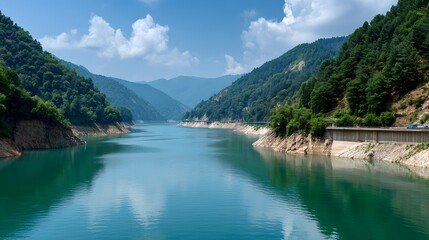 Obraz premium Serene Mountain Lake Landscape Picturesque Reservoir with Lush Green Hills and Winding Road