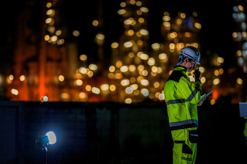 Two engineers collaborate on a night shift using a laptop and tablet at a plant A concept for the...