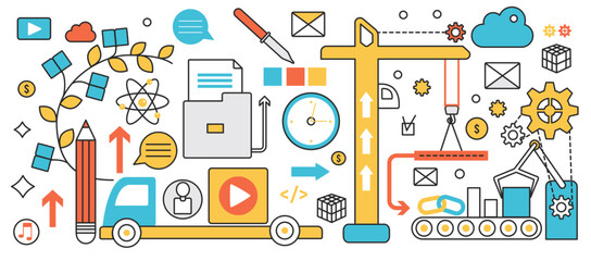 Modern business and industry technology. Innovation engineering projects in construction, conveyor automation and delivery, digital documentation in infographic concept banner, thin line art design