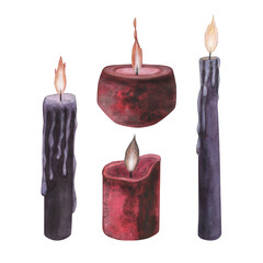 Set Witch's magical red and violet wax candle flame isolated on white background. Watercolor hand drawn dark fantasy sketch illustration. Art design mystical halloween witch decoration greeting card