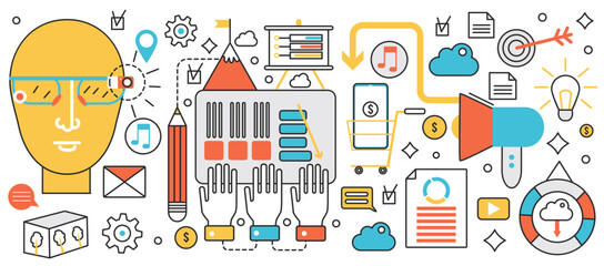 Modern business technology. Future digital innovation in communication, data project in virtual reality, team analysis and brainstorm research in infographic concept banner, thin line art design