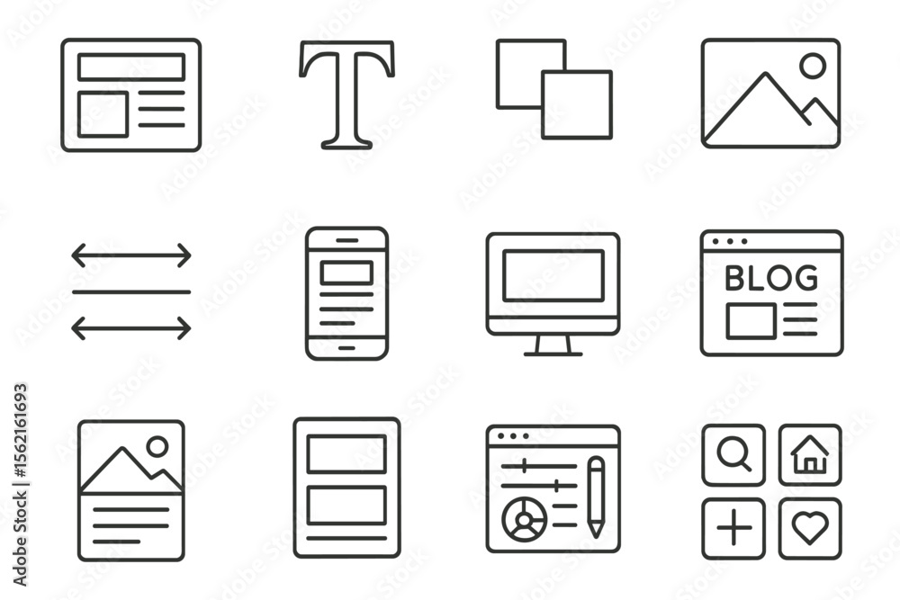 Poster set of minimalist website and blog icons in dark gray background