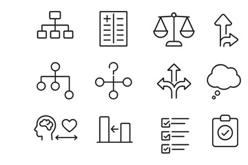 Minimalist icon set featuring decision-making and organizational symbols