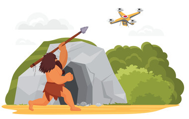 Stone age primitive man hunting on drone with spear weapon near rock cave vector illustration. Cartoon ancient hunter caveman character and modern technology, human evolution isolated on white