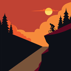 Obraz premium Cyclist riding in orange valley during evening adventure in flat vector art