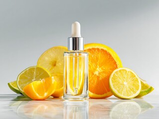 Bright citrus essence in a serum bottle reflects healthy skincare and natural vitamin c benefits promoting radiant skin