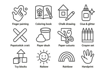 Children's craft icon set with spelling errors and art supplies