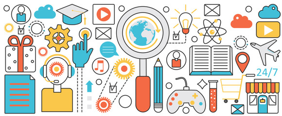 Ecommerce technology and search of goods in online store. Order for purchases in retail shop or market place, customer support service and gifts in infographic concept banner, thin line art design