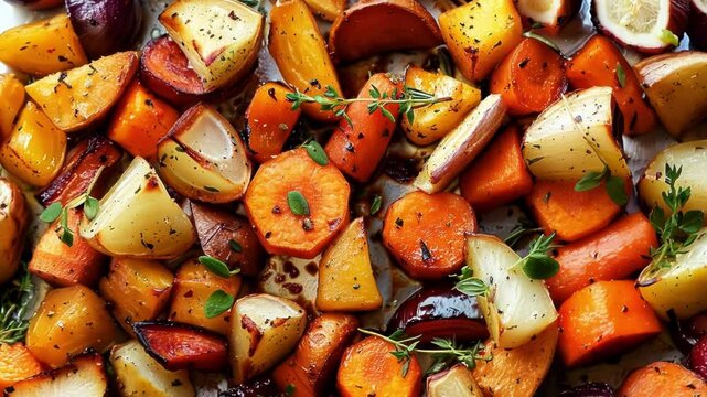 Colorful root vegetables are chopped, seasoned with fresh herbs and spices, and roasted in the oven. This healthy side dish is perfect for a fall or winter meal