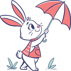 A cheerful cartoon bunny holding a pink umbrella.