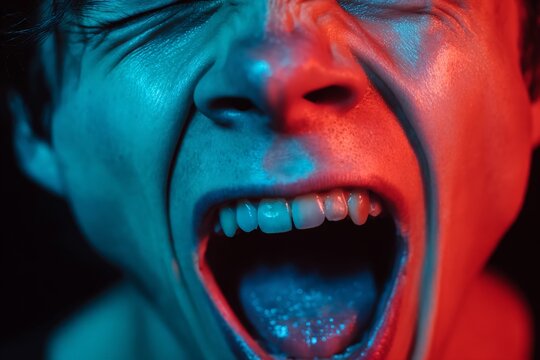 Young asian male expressing emotion with dramatic blue and red lighting