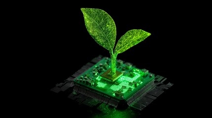 Growing green technology, a digital sprout emerges from a computer chip symbolizing sustainable...