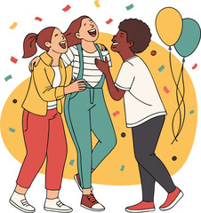 Three diverse young women, laughing and embracing each other, create a joyful and celebratory scene.