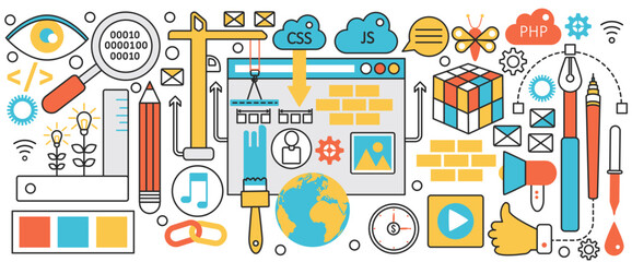 Web site building technology. Technical process to build ui elements, create and develop content, usability of friendly user interface and menu in infographic concept banner, thin line art design