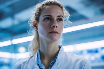 Woman researcher analyzes data in a modern lab setting, showcasing technology and innovation in medical research, wearing a white coat.