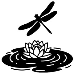 Black and White Dragonfly and Water Lily Illustration