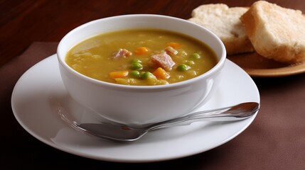 Hearty Pea Soup with Ham and Vegetables in White Bowl