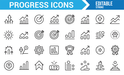 Set of success icons showing progress, milestones, and target achievements for business-related use.