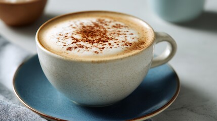 Fototapeta premium Cappuccino in Speckled Cup on Blue Saucer