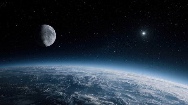 The stunning view of Earth and moon in deep space at night.