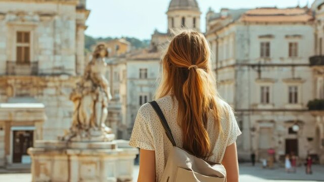 Young woman with backpack admiring the historical architecture of korcula town square in croatia