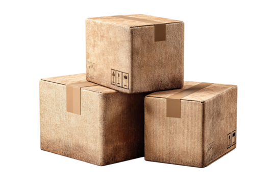 transparent png, Three stacked cardboard boxes ready for shipping with plain brown surfaces and simple labels.
