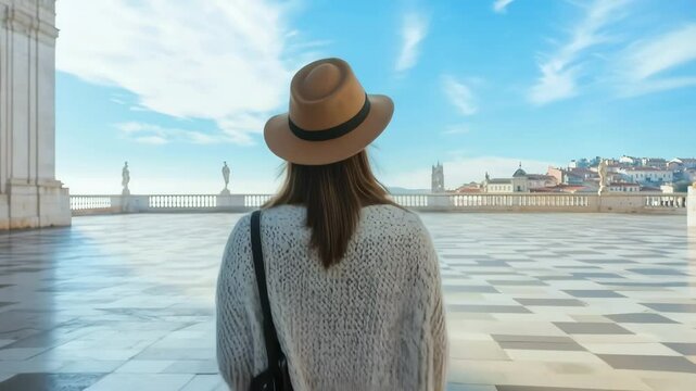 Young woman contemplating the cityscape of braga from the viewpoint of the sanctuary of sameiro