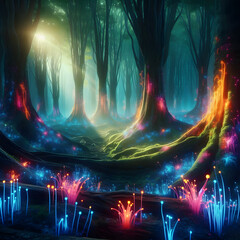 A mystic, colorful forest lights of fractal realms.